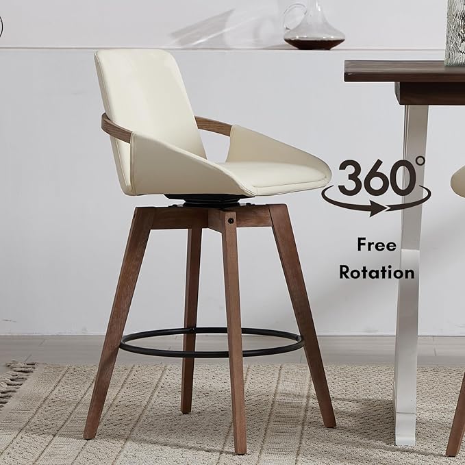 Mid-Century Swivel Bar Stools Set of 2, 26.5 inch Counter Height Barstools PU Leather Bar Chairs with Wooden Frame for Kitchen Island Dining Room, Beige