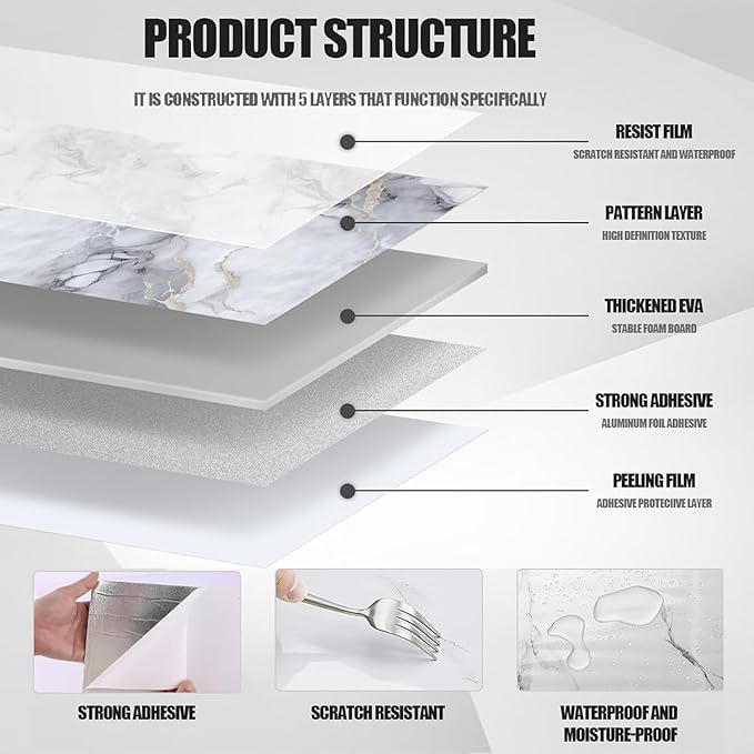 Thick 22pcs Marble Peel and Stick Backsplash Surface Waterproof Wall Panels,Self-Adhesive Marble PVC Foam Wall Panels for Kitchen, Bathroom - 11.8"x11.8" Kitchen Tile(Not Real Tiles,Colorful)