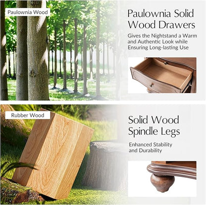 HULALA HOME Wooden Nightstand with Pull-Out Shelf, Mid Century Modern Nightstand with Solid Wood Drawers and Legs, Adjustable Storage Set of 2, Brown