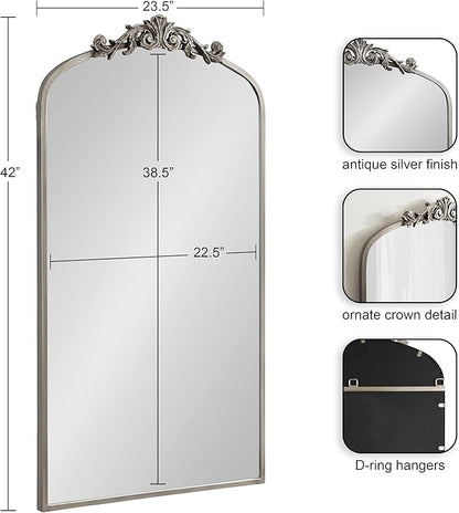 Kate and Laurel Arendahl Glam Arched Tall Panel Mirror; 24 x 42; Silver; Traditional Baroque Large Body Wall Mirror with Ornate Garland Inspired Crown