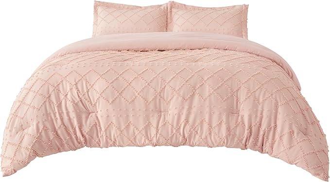 Bedsure Twin Comforter Set - Coral Pink Comforter, Boho Tufted Shabby Chic Bedding for Kids, 2 Pieces Vintage Farmhouse Bed Set for All Seasons, Fluffy Soft Bedding with 1 Pillow Sham