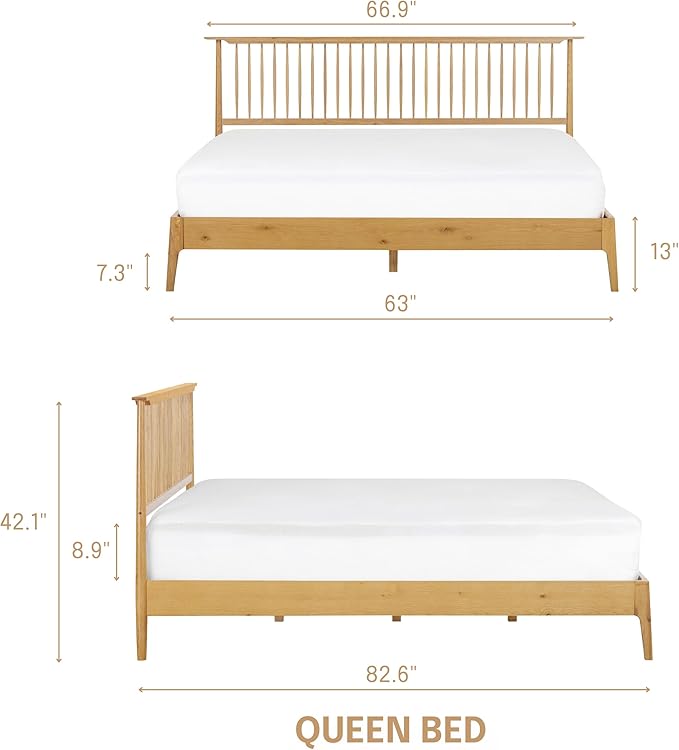 NTC Ruby Wooden Bed Frame with Headboard, Solid Oak and Rubber Wood Foundation with Silent Slats and Wood Central Supports, 1000 Lb Capacity, Effortless Assembly, Queen - Rustic Oak