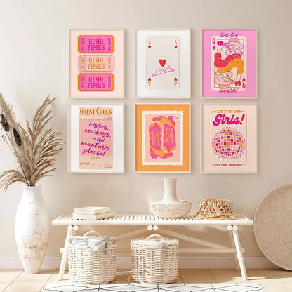 Hot Pink Wall Art Decor Trendy Aesthetic Pictures Preppy Funky Wall Art Poker Retro Poster Orange Vintage Canvas Hot Pink Artwork Western Prints Cowgirl Painting Dorm Room 8x10 Inch Unframed Set of 6