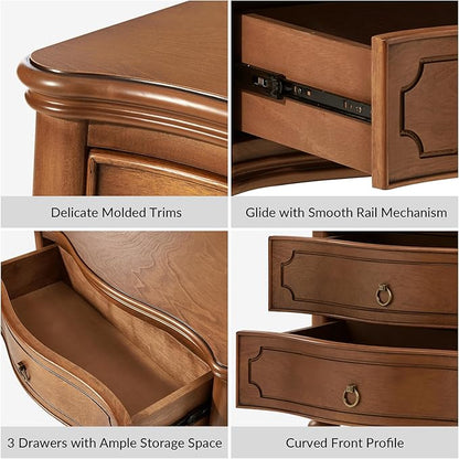 HULALA HOME Wood Nightstands Set of 2 with Charging Station for Bedroom, 3 Drawers Traditional Nightstands, Side Table with Solid Wood Legs, USB Ports & Three-Prong Plugs, Walnut