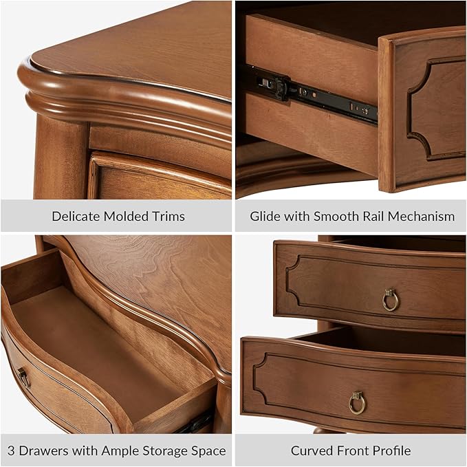 HULALA HOME Wood Nightstand with Charging Station, 3 Drawer Traditional Nightstands, End Table with Solid Wood Legs for Bedroom, USB Ports & Three-Prong Plugs, Walnut