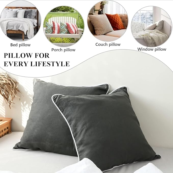 Simple&Opulence 100% Linen Euro Sham Covers with Piping Trim, 26"x26" Pillow Cover Set of 2, Breathable Pillow Shams for Bed Couch Decorative Cushions, Dark Grey