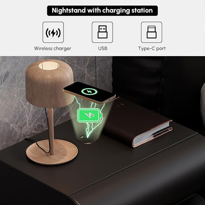 homary 2-Drawer Smart Nightstands Set of 2 with Wireless Charging Station, USB & Type-C Ports, Faux Leather Black Night Stands Modern Bedside Tables for Bedroom Storage, Fully Assembled