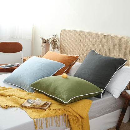 Simple&Opulence 100% Linen Euro Sham Covers with Piping Trim, 26"x26" Pillow Cover Set of 2, Breathable Pillow Shams for Bed Couch Decorative Cushions, Dark Grey