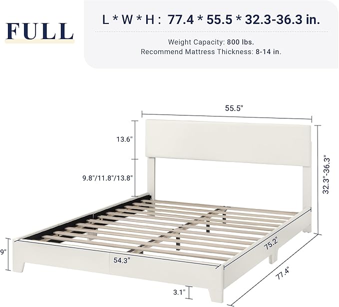 Allewie Queen Size Bed Frame with Adjustable Headboard, Faux Leather Platform Bed with Wood Slats, Heavy Duty Mattress Foundation, No Box Spring Needed, Noise-Free, Easy Assembly, White