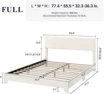 Allewie Queen Size Bed Frame with Adjustable Headboard, Faux Leather Platform Bed with Wood Slats, Heavy Duty Mattress Foundation, No Box Spring Needed, Noise-Free, Easy Assembly, White