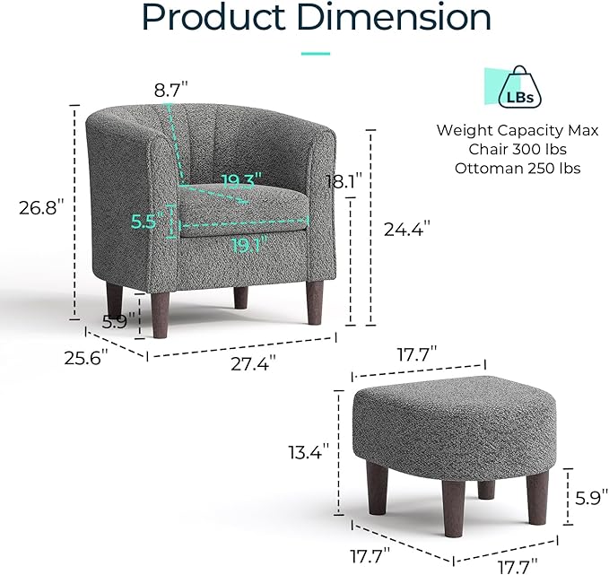 LINSY Accent Chair Ottoman Set: Chenille Barrel Chair with Foot Rest, Mid-Century Modern Small Reading Chair Upholstered Armchair with Footrest for Living Room Bedroom Study Room Office