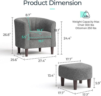 LINSY Accent Chair Ottoman Set: Chenille Barrel Chair with Foot Rest, Mid-Century Modern Small Reading Chair Upholstered Armchair with Footrest for Living Room Bedroom Study Room Office