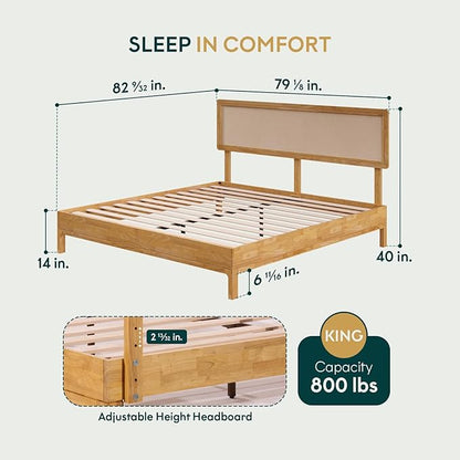 Bme Nipe Bed Frame with Headboard, Bohemian and Mid-Century Modern Style, Solid Rubber Wood Platform Bed with Slat Support, No Box Spring Needed, Easy Assembly, King - Light Natural