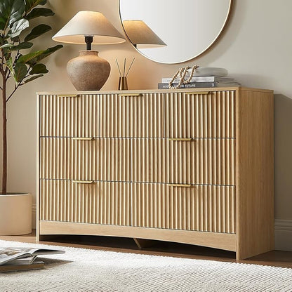 Pipishell Fluted 7 Drawers Dresser, Modern Wood Chest of Drawers, Dressers with Round Edge Design, Dresser TV Stand, Wood Drawer Organizer for Bedroom, Living Room, Hallway, Natural Oak