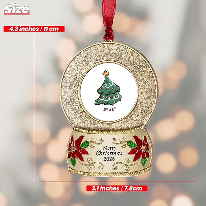 2025 Christmas Ornaments 2 inch Picture Frame Metal Hanging Pendant for Tree Small Decorative Keepsake, Display Photo for Baby and Pet (Crystal Ball Gold(2025))