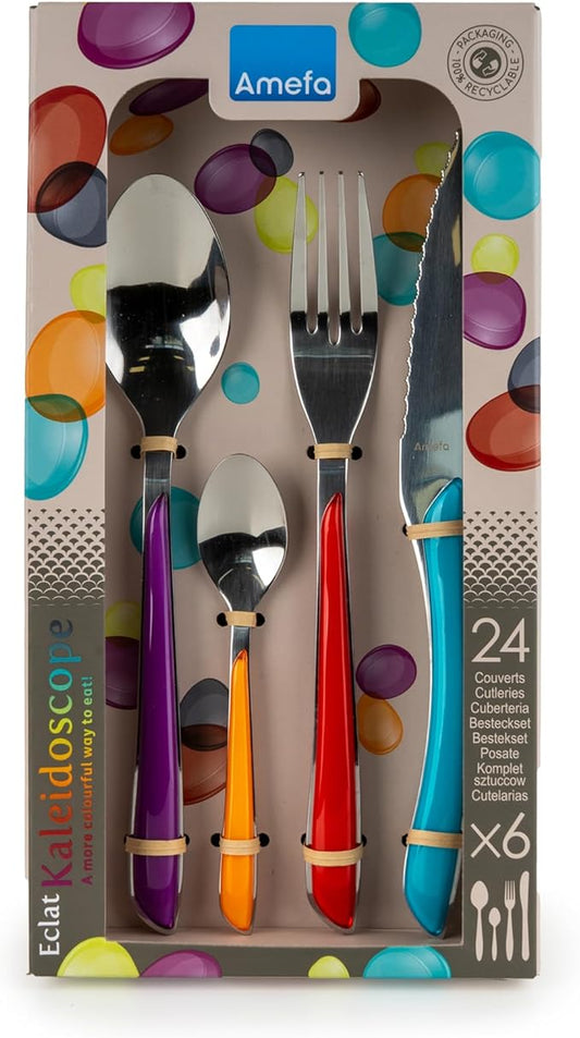Amefa Eclat Kaleidoscope 24 Piece Flatware Cutlery Box Set, Bright Multi Colored