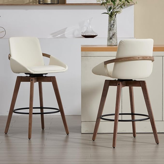 Mid-Century Swivel Bar Stools Set of 2, 26.5 inch Counter Height Barstools PU Leather Bar Chairs with Wooden Frame for Kitchen Island Dining Room, Beige
