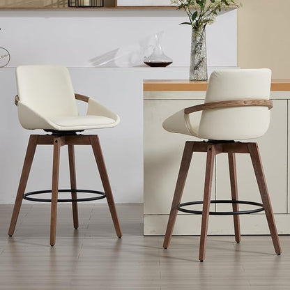 Mid-Century Swivel Bar Stools Set of 2, 26.5 inch Counter Height Barstools PU Leather Bar Chairs with Wooden Frame for Kitchen Island Dining Room, Beige