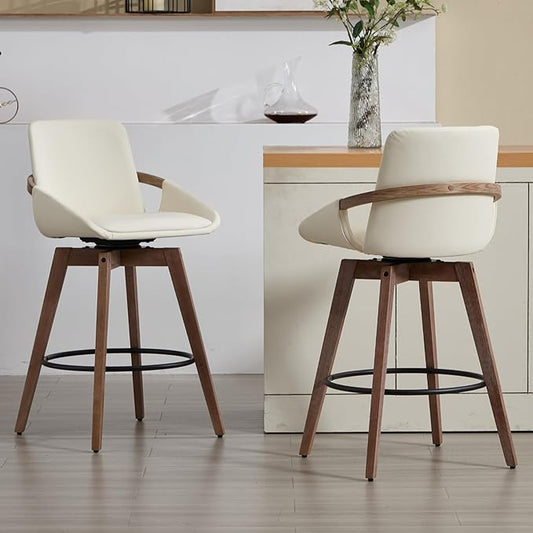 Mid-Century Swivel Bar Stools Set of 2, 26.5 inch Counter Height Barstools PU Leather Bar Chairs with Wooden Frame for Kitchen Island Dining Room, Beige