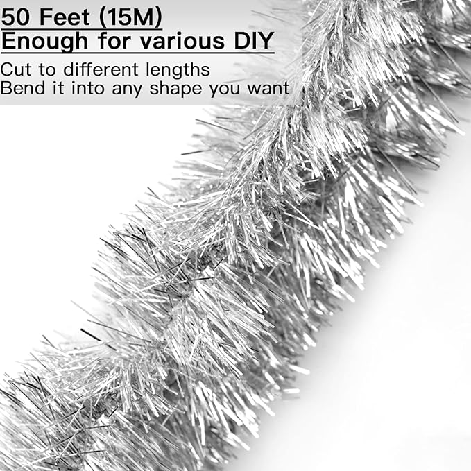 Jishi 50 FT Christmas Garland Silver Tinsel Garland Christmas Tree Decorations - Non-Lit Xmas Holiday Decor Outdoor Indoor Home Garden Outside Wedding Party Artificial Thick Silver Decorative Garland