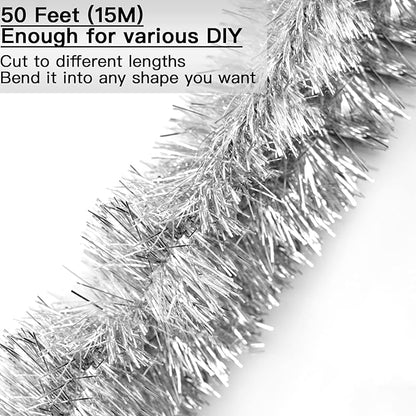 Jishi 50 FT Christmas Garland Silver Tinsel Garland Christmas Tree Decorations - Non-Lit Xmas Holiday Decor Outdoor Indoor Home Garden Outside Wedding Party Artificial Thick Silver Decorative Garland