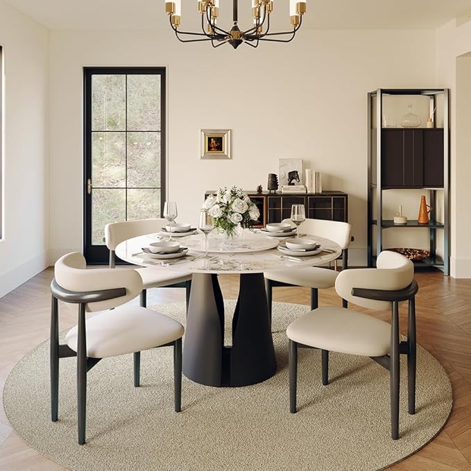 POVISON Round Dining Table for 4, 47" Modern Dining Table with 23" Lazy Susan, Pandora Sintered Stone Dining Tabletop with Black Carbon Steel Pedestal(Dining Table Only)