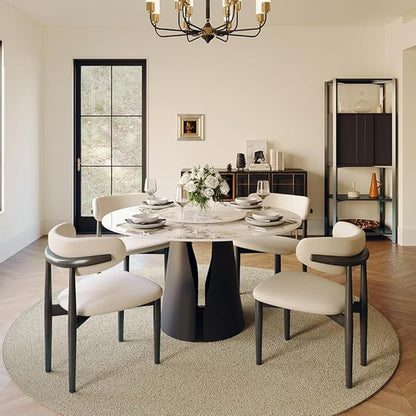 POVISON Round Dining Table for 4, 47" Modern Dining Table with 23" Lazy Susan, Pandora Sintered Stone Dining Tabletop with Black Carbon Steel Pedestal(Dining Table Only)