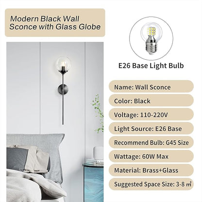 KCO Lighting Mid Century Black Wall Mounted Sconce Round Clear Glass Globe Wall Lamp Minimalist Slim Wall Sconce Light for Hallway Stairs Bathroom Mirror