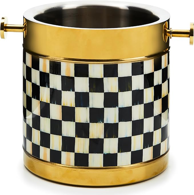 MACKENZIE-CHILDS 3260 Ice Bucket, Decorative Stainless-Steel Bucket and Ice-Cube Bin, Black-and-White Courtly Check Gold