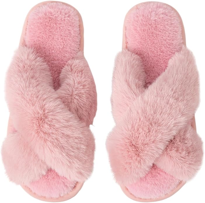 Women's Slipper Memory Foam Cross Band Fuzzy Slippers Open Toe Cozy House Slippers Cozy Plush Bedroom Indoor Outdoor