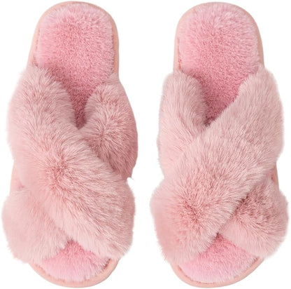 Women's Slipper Memory Foam Cross Band Fuzzy Slippers Open Toe Cozy House Slippers Cozy Plush Bedroom Indoor Outdoor