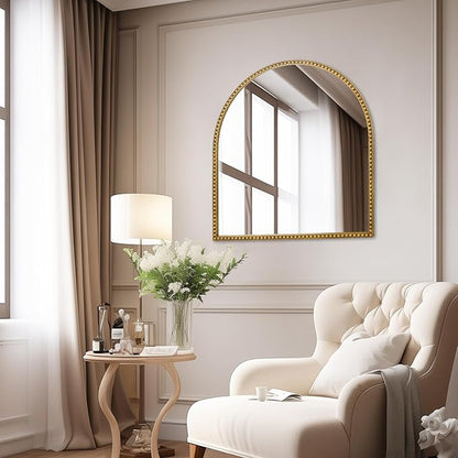 28x26 Inch Arched Bathroom Mirror, Antique Gold Wall Mirror Metal Beaded Frame, Vanity Mirror for Dresser Living Room Bedroom Mantel Entryway Hallways