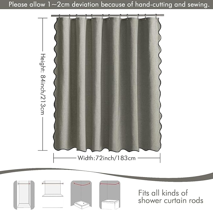 MIULEE 84" Long Scalloped Shower Curtain Linen Textured with 12 Metal Hooks Cute Extra Long Heavy Duty Washable Waterproof Cloth Shower Curtains with Black Border for Bathroom Hotel Bathtub,Grey