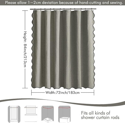 MIULEE 84" Long Scalloped Shower Curtain Linen Textured with 12 Metal Hooks Cute Extra Long Heavy Duty Washable Waterproof Cloth Shower Curtains with Black Border for Bathroom Hotel Bathtub,Grey