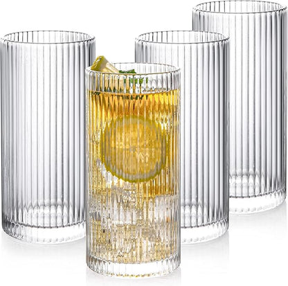 Striped Glass Cups Set of 4b12.5oz Textured Drinking Glasses Durable Thick Glassware for Juice Iced Tea & Smoothies