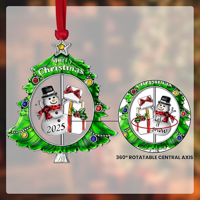 Christmas Tree Ornament Metal Silver Hanging Rotatable Design Charm Holiday Decorative Pendant Gift Keepsake (Snowman 2025)