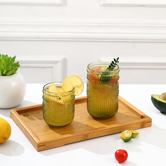 Green Drinking Glasses Set of 12, 14 Oz Highball & 10 Oz Cocktail Glasses, Green Kitchen Vintage Glassware Set, Floral Embossed Glass Tumbler Cups for Juice, Beer, Water, Whiskey, Coffee