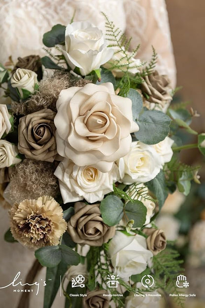 Ling's moment Intimate Brown Bridal Bouquet Cascading, Beige Wedding Bouquets for Bride, 13 Inch Bride Bouquets for Wedding Artificial Flowers Bouquets