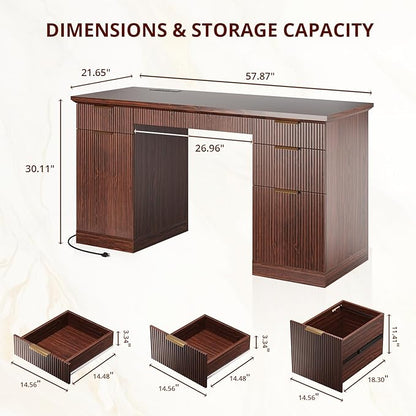 FURSUN 58" Fluted Modern Desk with Storage, Home Office Desk with 1 File Cabinet & 5 Drawers, Wood Executive Computer Writing Desk for Study, Living Room, Bedroom, Dark Walnut