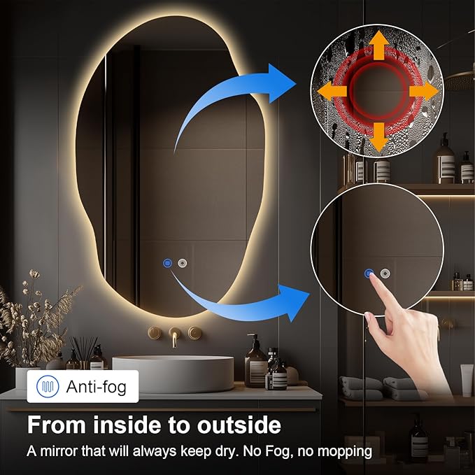 Asymmetrical LED Bathroom Mirror with Lights,Irregular Led Bathroom Vanity Mirror for Wall with Front and Backlit, Anti Fog, 3 Colors and Dimmable Light,[Horizontal/Vertical] 48" H x 30" W