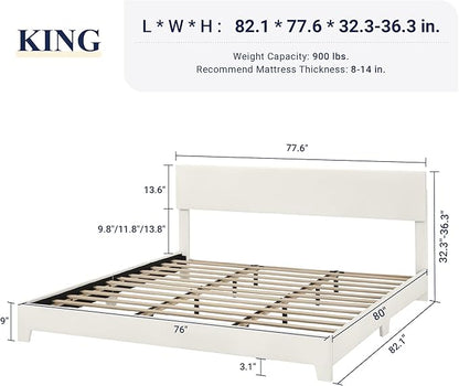 Allewie King Size Bed Frame with Adjustable Headboard, Faux Leather Platform Bed with Wood Slats, Heavy Duty Mattress Foundation, No Box Spring Needed, Noise-Free, Easy Assembly, White