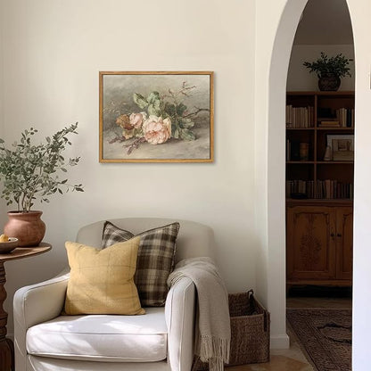 KBKBART Vintage Wall Decor Prints, Retro Still Life Flower Canvas Wall Art, Framed Classical Pink Botanical Print, Vintage Art Painting Flower Wall Decor for Bedroom Living Room Bathroom