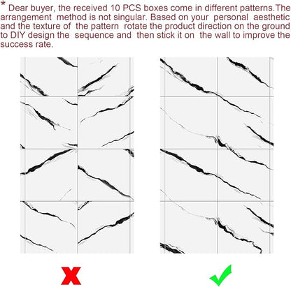 10pcs Marble Peel and Stick Backsplash Waterproof Washroom Wall Panels, Peel and Stick Tile, PVC Foam Wall Panels for Kitchen,Bathroom,living room,White and Black(Not Real Tile,11.8" x 11.8")