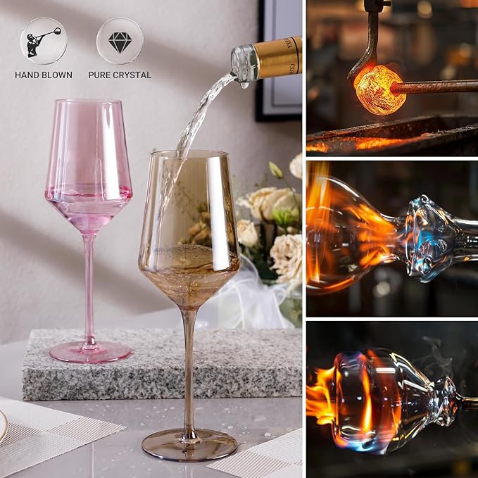 Physkoa Colored Wine Glasses Set of 6-15oz Hand Blown Crystal Colorful Glassware with Long Stem, Multicolor Glassware for Wine Lovers, Wedding, Birthday Mother's Day Easter Gifts for Women