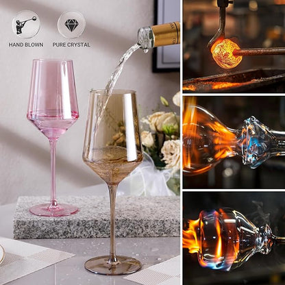 Physkoa Colored Wine Glasses Set of 6-15oz Hand Blown Crystal Colorful Glassware with Long Stem, Multicolor Glassware for Wine Lovers, Wedding, Birthday Mother's Day Easter Gifts for Women