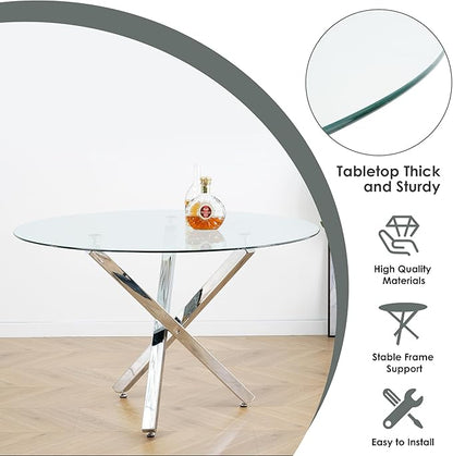 Silver Luxury Round Dining Table Set for 4, 47'' Clear Circle Glass Top Dinner Table Set, 5 PCS Modern Circular Kitchen Table and Grey Woven Chairs Set, for Large Apartment Living Room