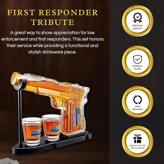 Police Flag Gifts for Men Dad, Father Whiskey Decanter Set - 8 Oz with Two 2 Oz Glasses, American Pistol Gun Anniversary Birthday, Home Bar Gifts, First Responder Present Dispenser, Husband Bar Gift