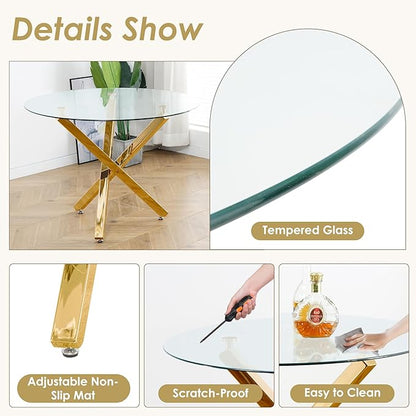 Gold Round Dining Table Set for 4, 39'' Clear Glass Top Dinner Table Set, 5 Piece Modern Luxury Circle Kitchen Table and Ivory Woven Chairs Set, Small Circular Dinette Set, for Apartment