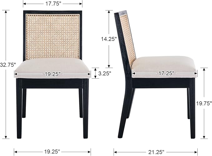 Farmhouse Rattan Dining Chairs Set of 2 Black Wooden Dining Room Chairs Rectangle Cane Country Kitchen Chairs Upholstered Dining Chairs, Cream Linen