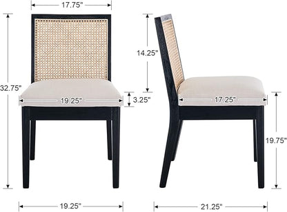 Farmhouse Rattan Dining Chairs Set of 6 Black Wood Dining Room Chairs Rectangle Cane Country Kitchen Chairs Upholstered Wood Dining Chair for Dining Room, Cream Linen
